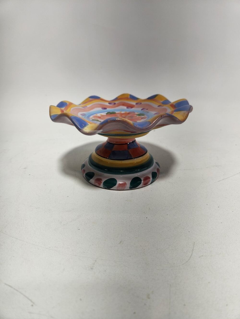World Bazaars Hand Painted Ceramic Pedestal Compote Candy Dish Floral Scalloped